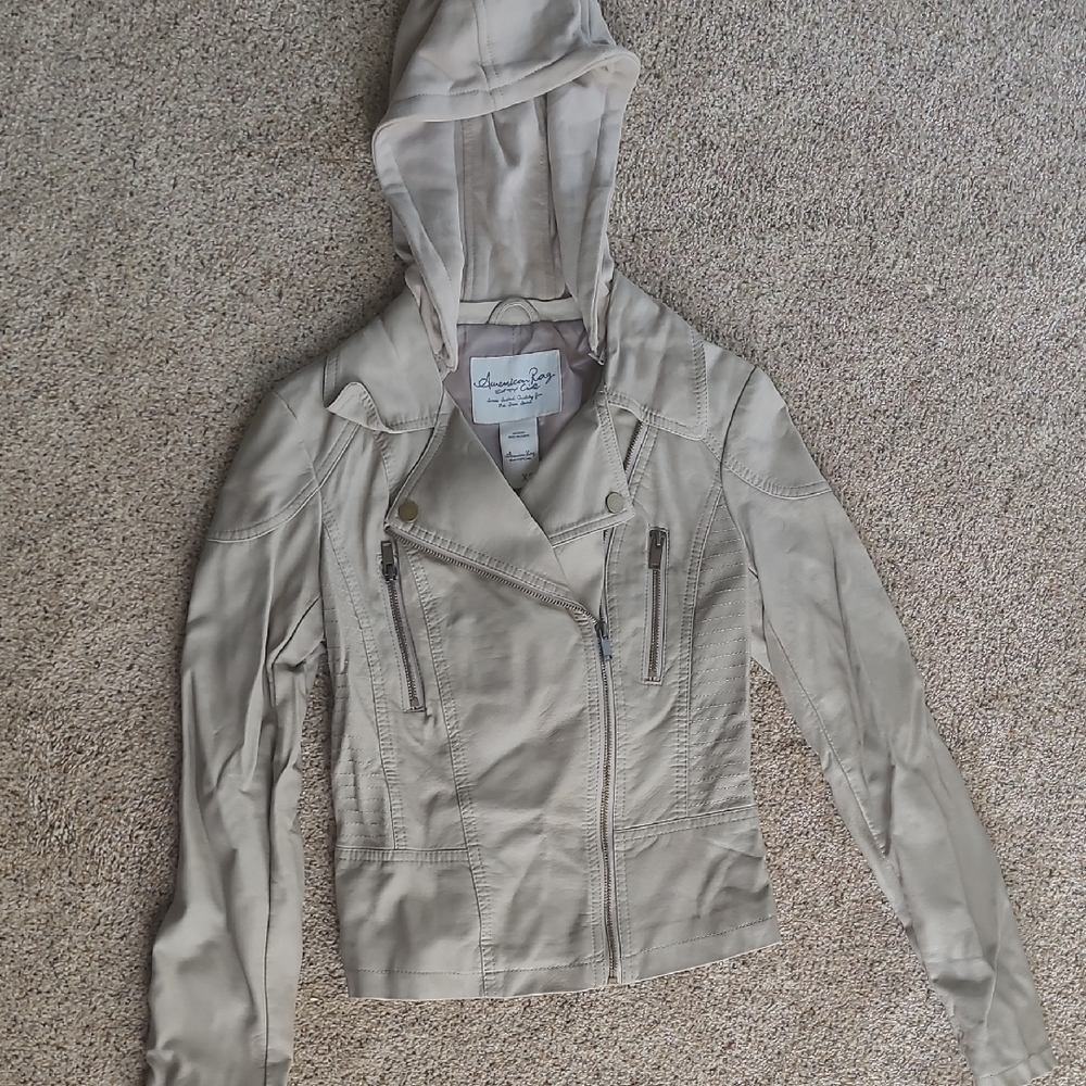 American Rag Women's Beige Leather Jacket with Hood
